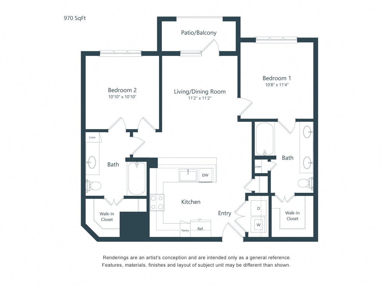 B1 Floor Plan 970 square foot two bedroom two bath